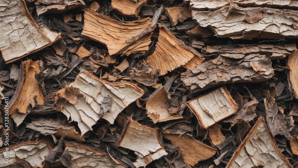 Poster textured background of crushed and shredded bark fragments in various shades of brown and gray showc