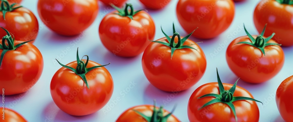 Poster fresh ripe tomatoes arranged in a pattern on a light background with green stems and vibrant red col