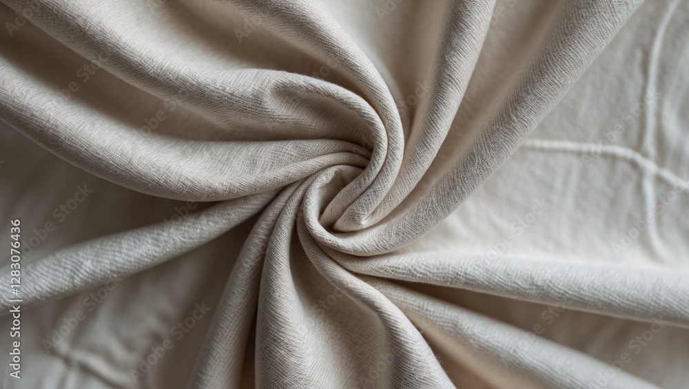 Poster close-up of twisted beige fabric texture with soft folds and wrinkles demonstrating natural fibers i