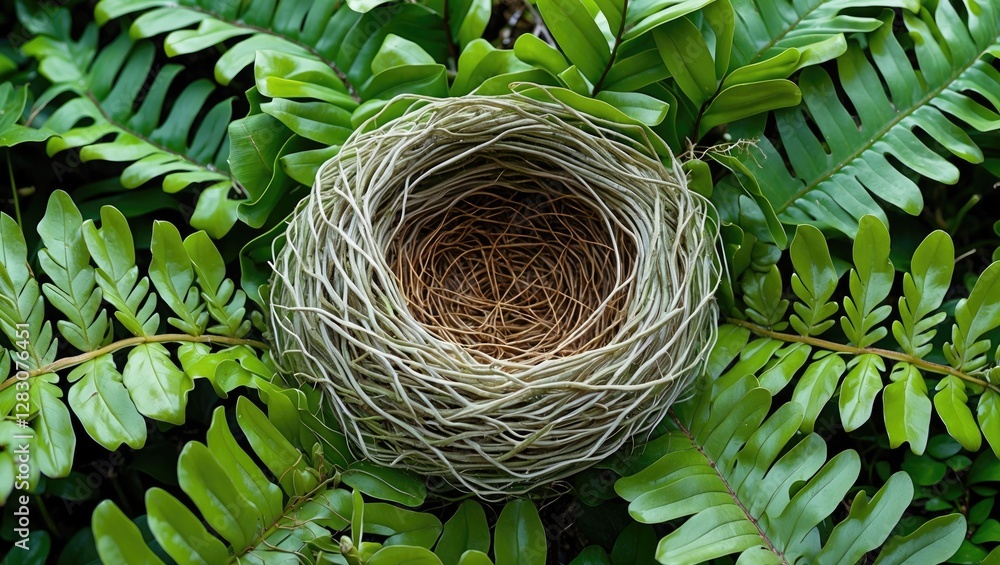 Poster birds nest entwined in vibrant green asplenium nidus leaves creating a serene nature composition wit