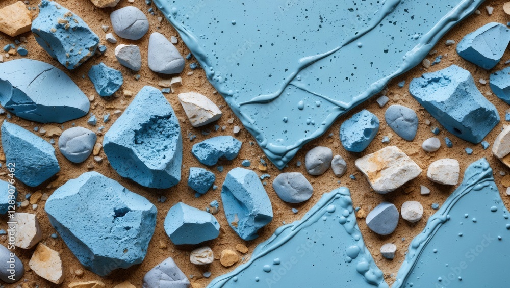 Poster blue textured materials and stones arranged on a surface with a sandy background suitable for abstra