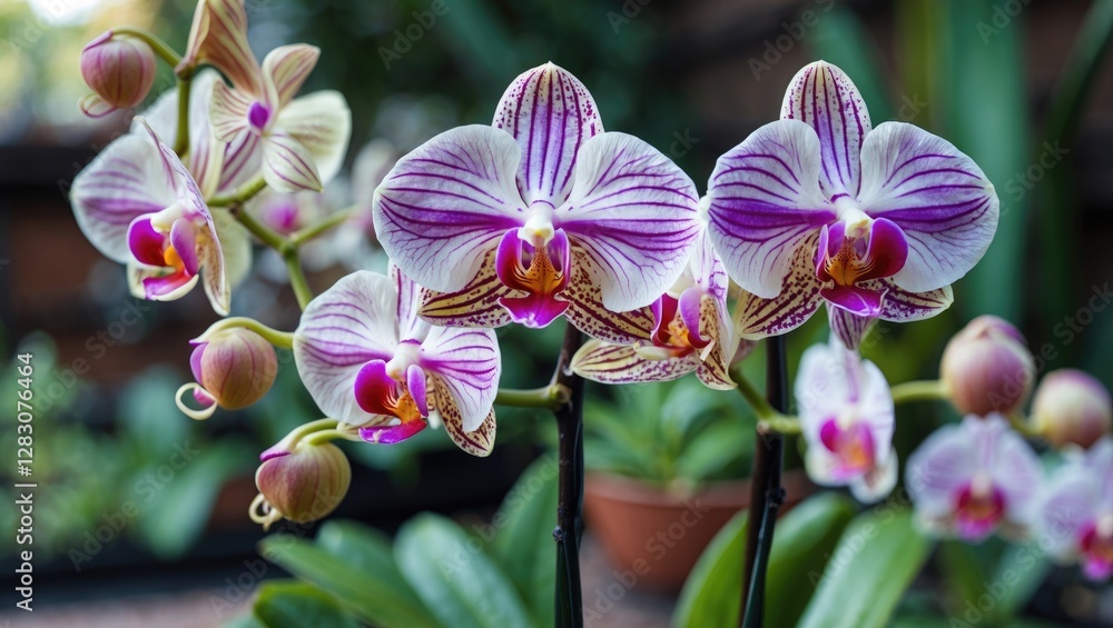 Poster close up shot of vibrant orchid flowers with intricate patterns and rich colors in a lush garden set