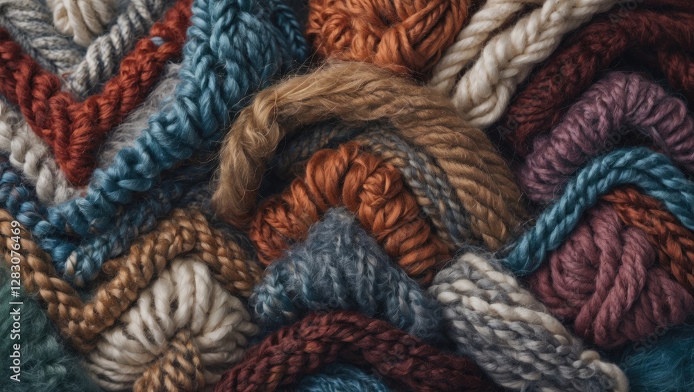 Poster colorful close-up of intricate knitted wool pattern showcasing various textures and hues in a cozy t
