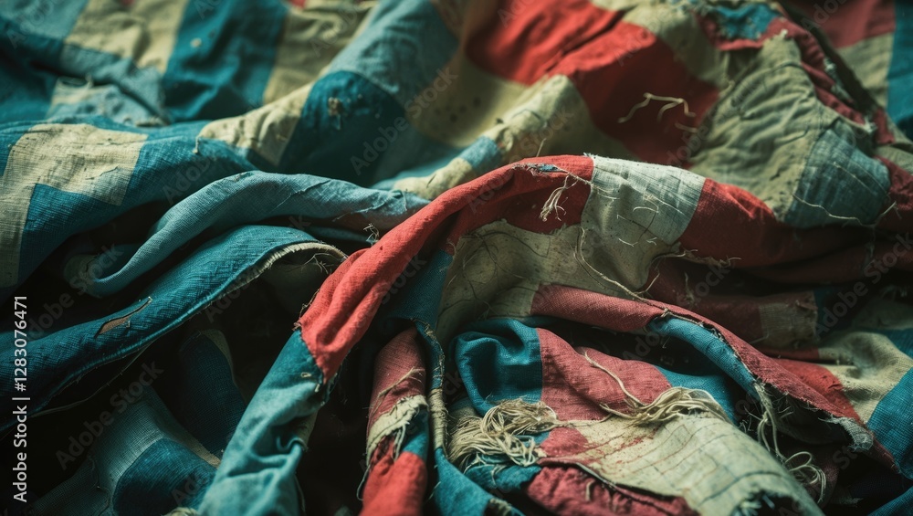 Poster close up of wrinkled and worn checkerboard fabric texture in vintage red and blue tones showcasing i