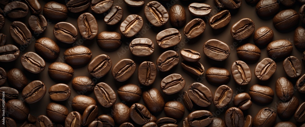 Poster close-up of roasted coffee beans arranged on a brown background showcasing rich textures and details