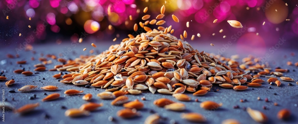 Poster close-up of scattered flax seeds on a surface with colorful bokeh background creating a vibrant dept