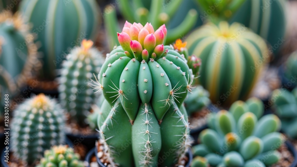Poster colorful blooming cacti in various shapes and sizes arranged in pots with spines and soft textures i