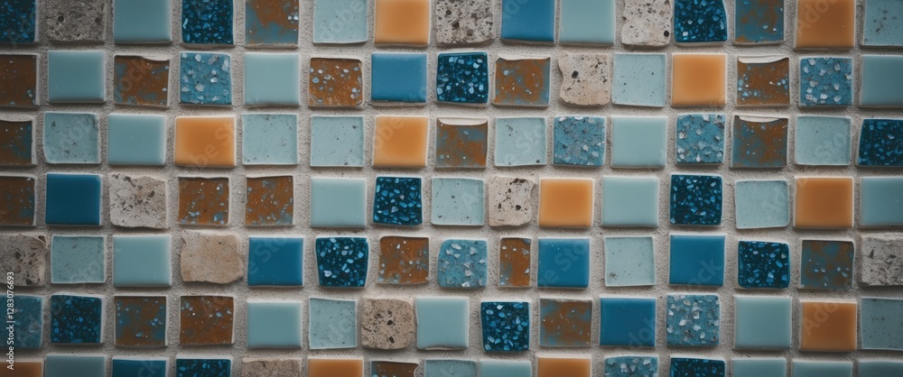 Poster Mosaic Tile Background Featuring Unique Patterns in Vibrant Blue and Orange Shades Ideal for Creative Design Projects and Text Placement