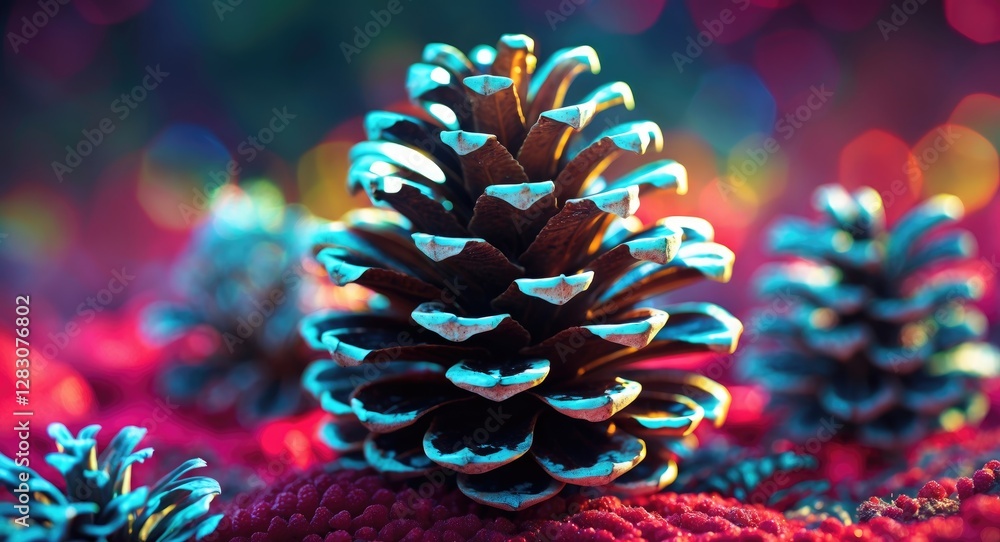 Poster close-up of pine cones on colorful textured background with bokeh effect and vibrant lighting detail