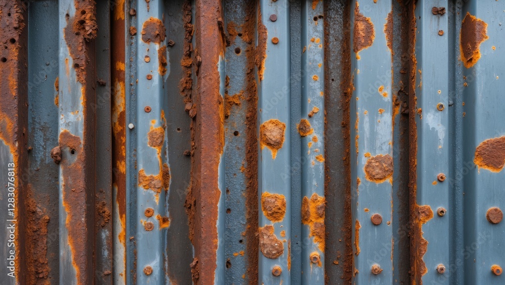 Poster Rusty metal surfaces with highly textured patterns showcasing the interplay of blue and orange colors due to corrosion and aging effects.