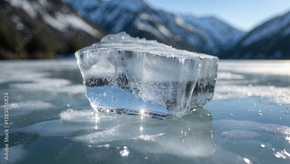 Poster close-up view of a clear ice block on frozen lake with mountains in the background under bright sunl
