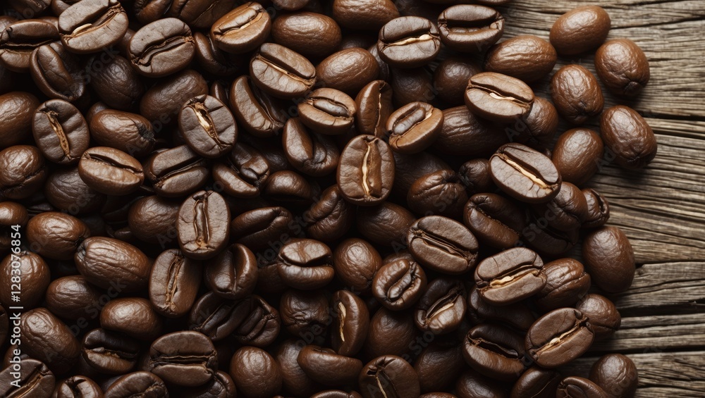 Poster Freshly roasted coffee beans scattered on rustic wooden surface with ample space for text and design elements. Ideal for coffee-related themes.