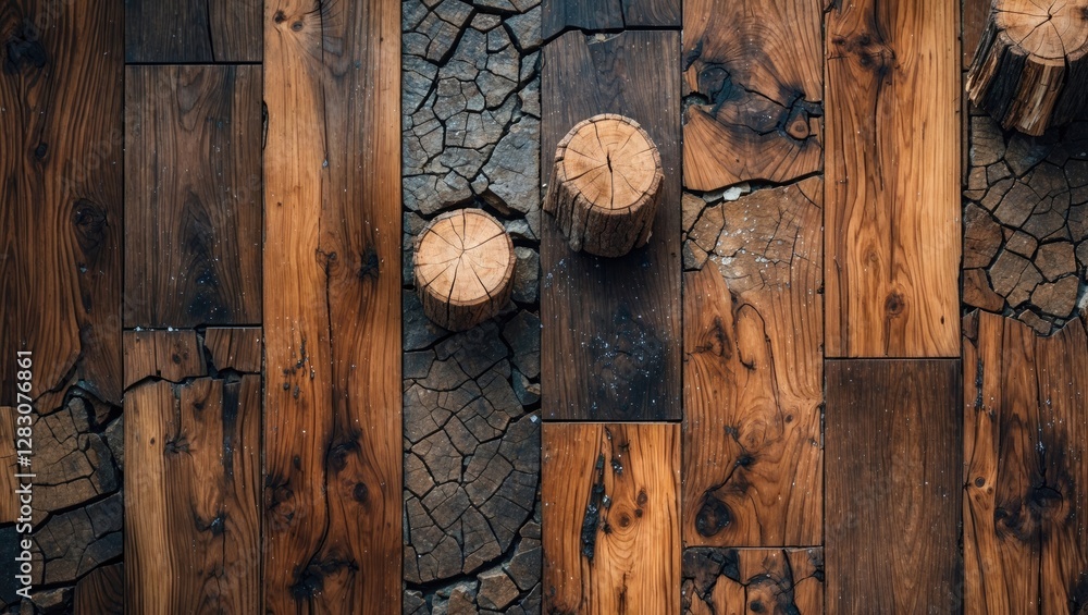 Poster close-up of a rustic wooden floor featuring unique patterns, cracks, and stumps, ideal for advertisi