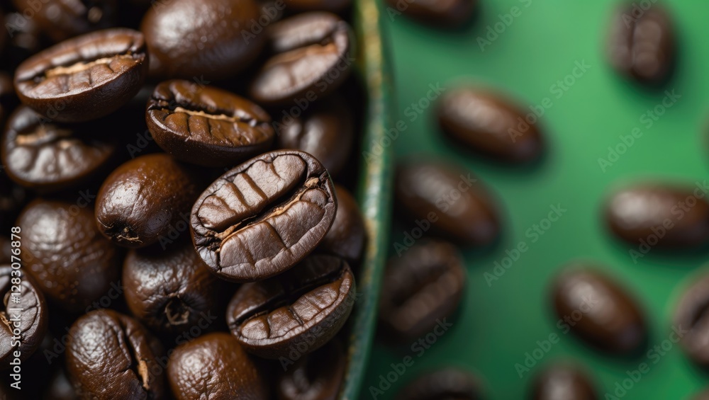 Aufkleber Close up of a single coffee bean in sharp focus with a background of blurred beans on a vibrant green surface.