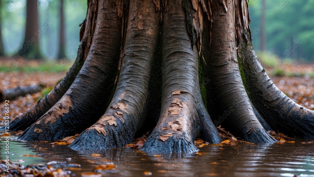 Poster Closeup of a wet tree trunk showcasing textured barkless surfaces surrounded by fallen leaves and shallow water in a serene forest setting