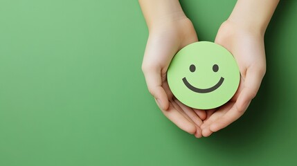 Hands holding a green happy smile face for mental health and child wellness on a green background.
