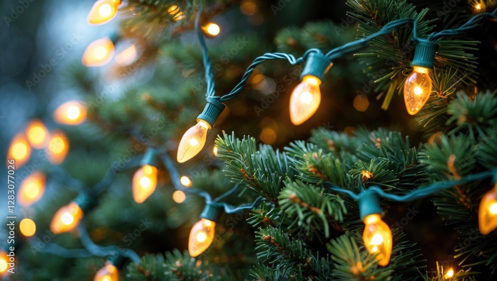 Poster christmas tree with glowing string lights in soft focus on evergreen branches during nighttime.