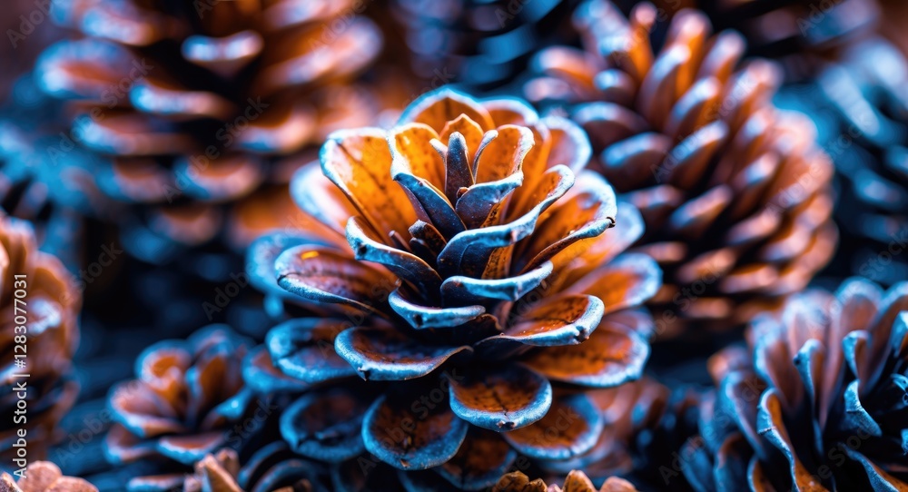 Poster close-up of colorful pine cones with contrasting blue and orange hues creating a detailed texture an