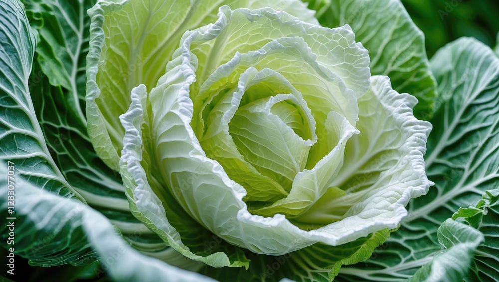 Poster close-up view of a fresh and vibrant green cabbage with intricate leaf patterns and textures in natu