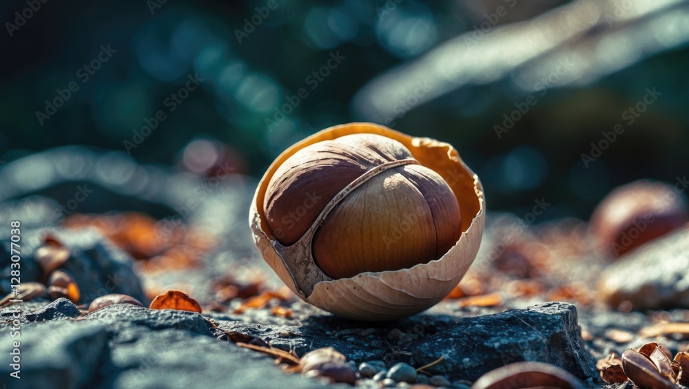 Poster hazelnut with shell on textured surface surrounded by scattered nut shells and blurred natural backg