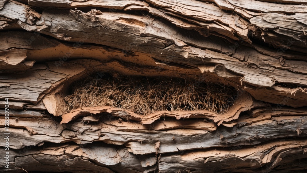 Aufkleber Close-up of old tree bark featuring natural termite nests and intricate texture patterns in a rustic woodland setting.