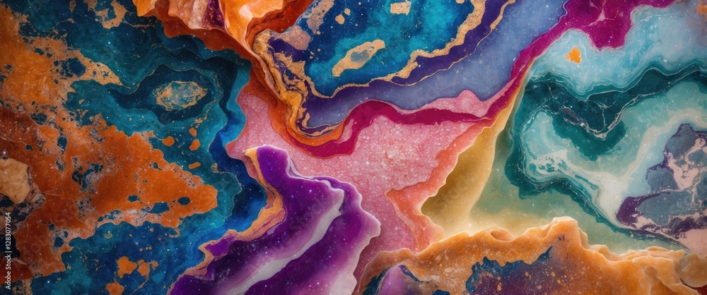 Poster Multicolored agate stone background with intricate patterns and vivid textures for artistic and design purposes