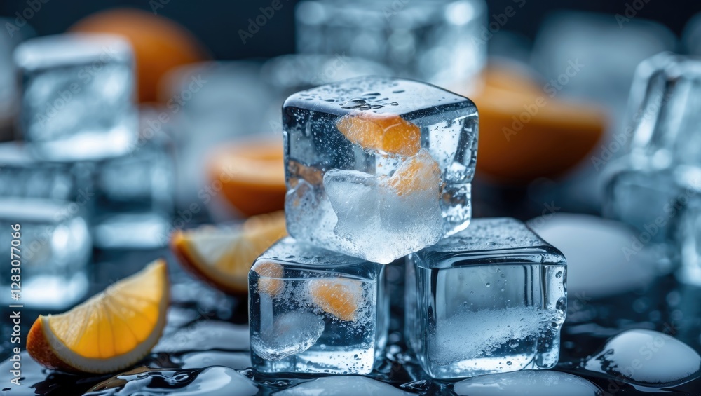 Poster Ice cubes with condensation stacked on a wet surface accompanied by fresh citrus slices creating a refreshing beverage background.