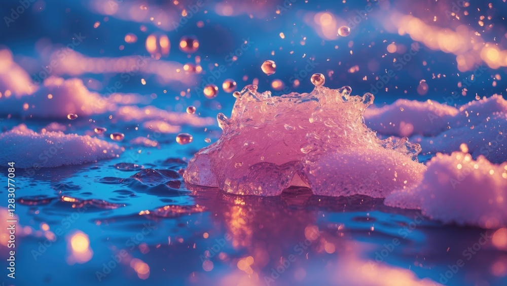 Poster water splash with bubbles and foam under colorful lighting in an abstract blurred background with re