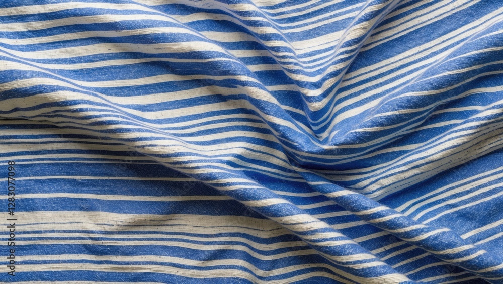 Poster blue and white striped linen fabric texture with a natural wrinkled appearance for textile and backg