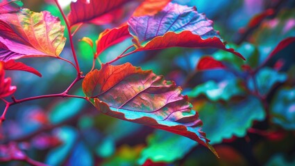 Colorful leaves with vibrant hues in a blurred natural background showcasing the beauty of nature in close-up detail.