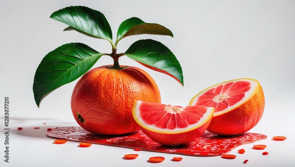 Poster fresh chinese red pomelo with slices and vibrant leaves on a glossy surface showcasing the fruit's j