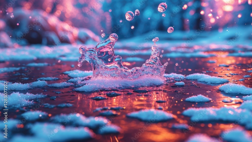 Poster melting snow texture with water splash in vibrant colors creating a serene winter atmosphere suitabl