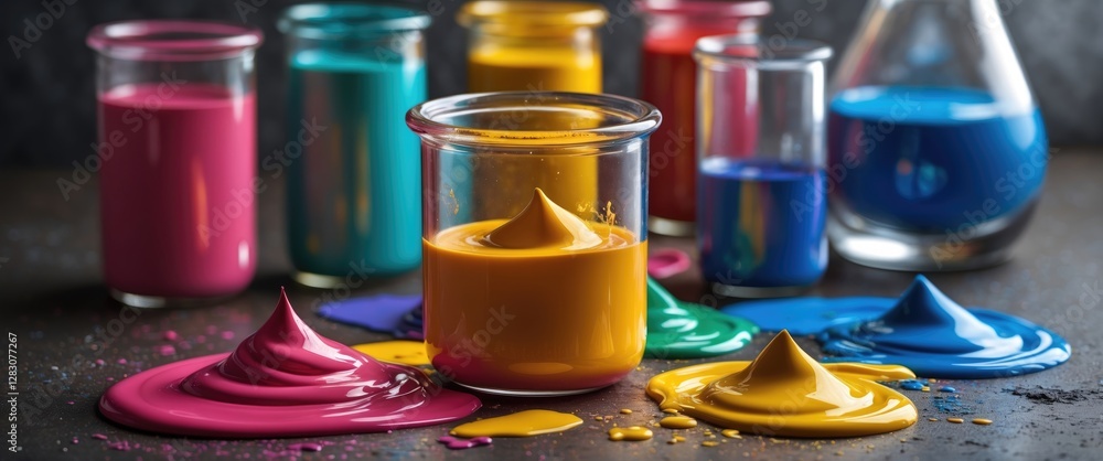 Poster vibrant colored paints in glass beakers with spilled paint creating an artistic and creative backdro