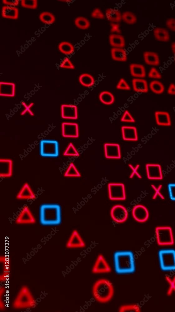 Poster red glowing shapes matrix on a grid. bokeh effect, vertical composition. technology motion graphic.
