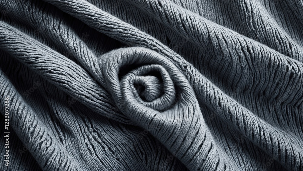 Poster textured gray fabric rolled into a spiral shape showcasing intricate patterns and depth in the texti
