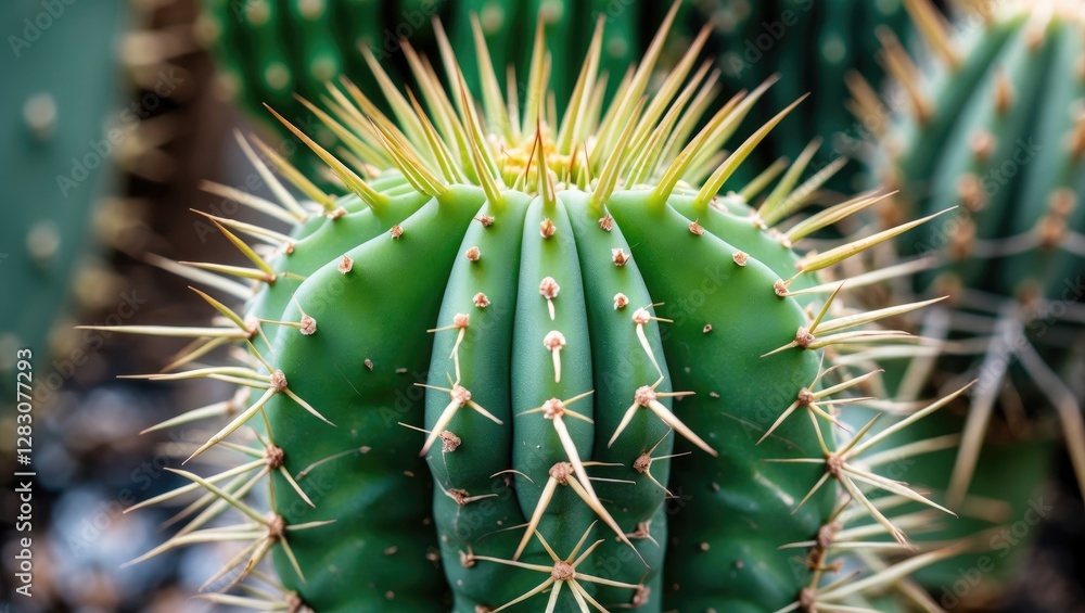 Poster Detailed close-up of a vibrant green cactus showcasing sharp spikes and intricate textures in a macro photography style.