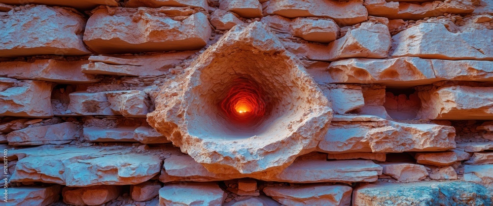 Aufkleber Intricate close-up of a textured rock wall featuring a unique hollow with glowing light creating a captivating visual effect.