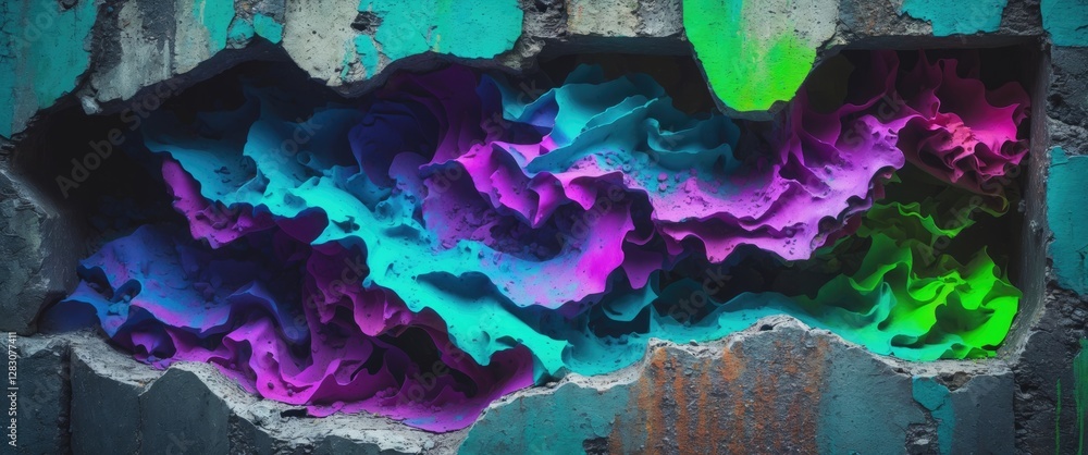Aufkleber abstract colorful wave texture emerging from a cracked concrete wall with grungy background elements