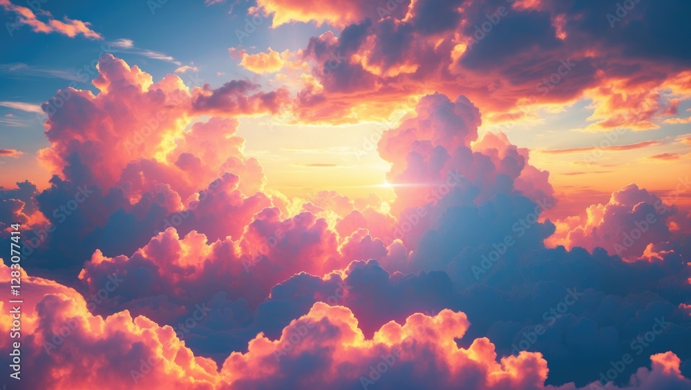 Poster vibrant sunset clouds illuminated by sunlight creating a dramatic and serene sky background for natu