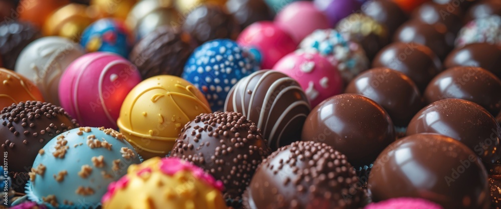 Poster colorful assortment of custom chocolate balls arranged beautifully in a macro shot showcasing intric