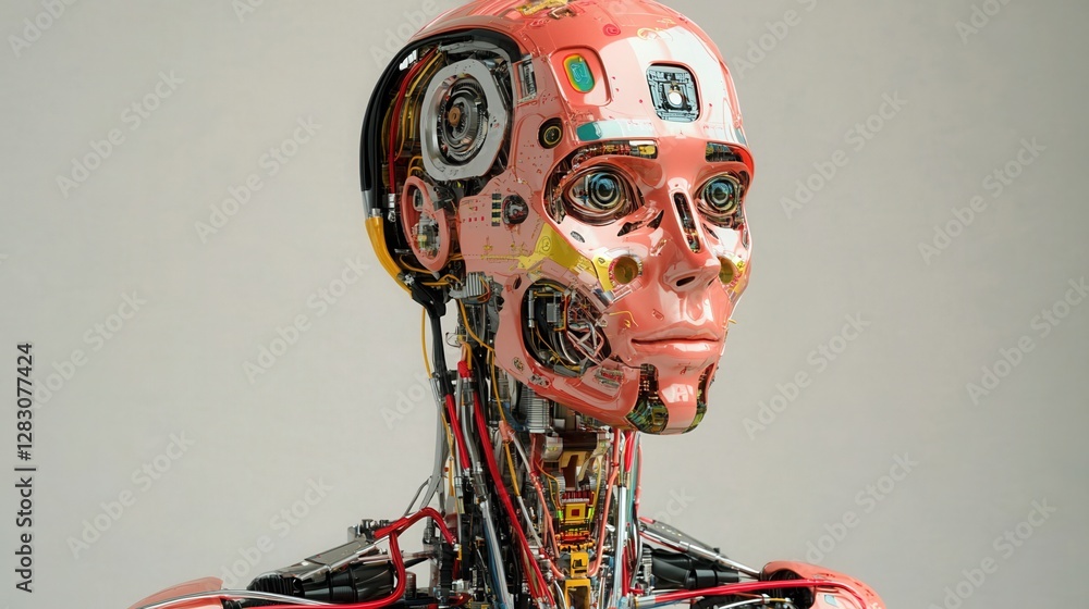 Poster robot and technology concept, robot head with intricate circuitry details