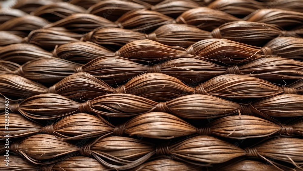 Poster textured close-up of intricately woven brown fibers forming a detailed pattern of overlapping shapes