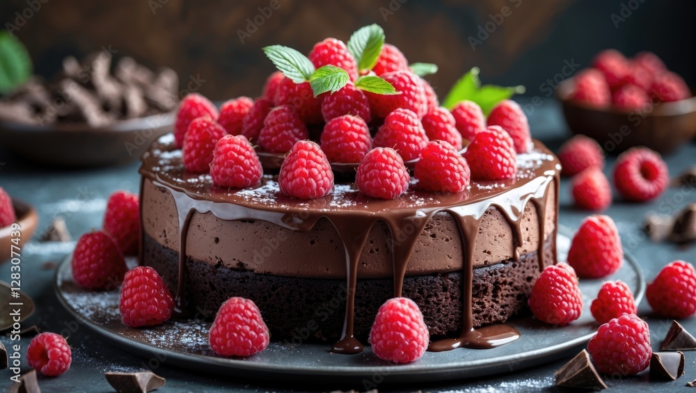 Poster decadent chocolate cake topped with fresh raspberries and mint leaves on a rustic table setting