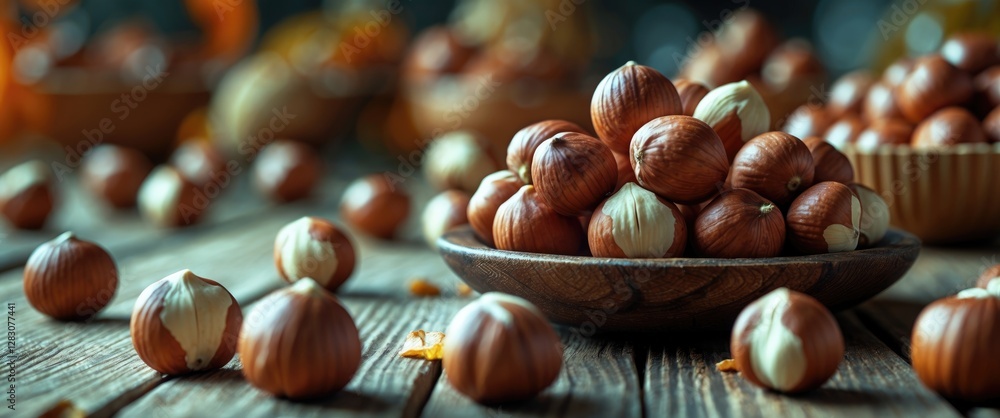 Poster close-up of fresh hazelnuts in a wooden bowl with scattered nuts on a rustic wooden table showcasing