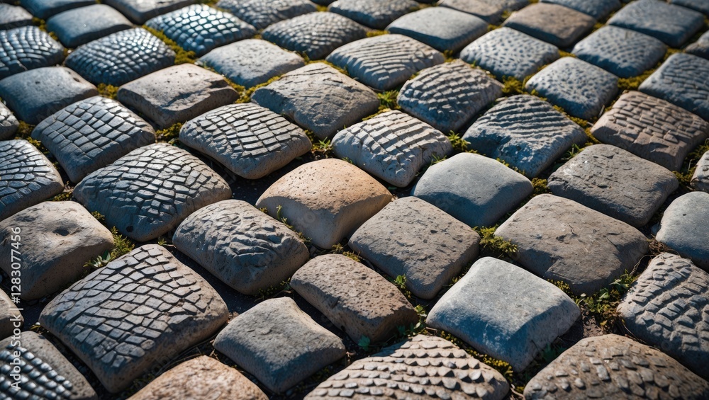 Poster textured cobblestone pavement with patches of greenery showcasing rustic charm and natural beauty in