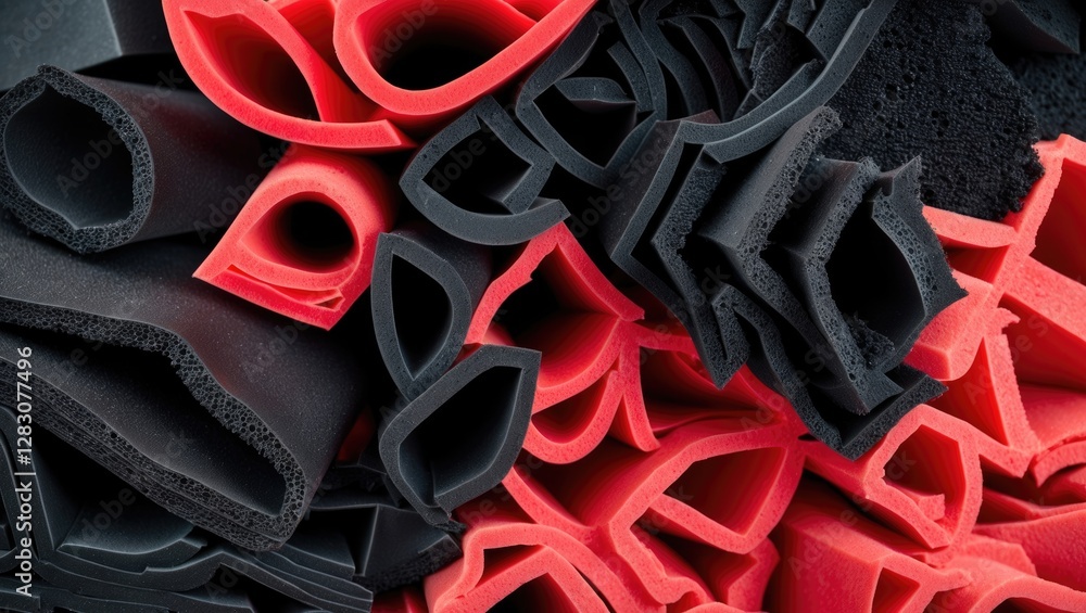 Poster textured layers of black and red foam rubber materials stacked and arranged in a chaotic yet organiz