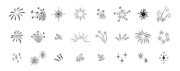 Set of cute fireworks line doodle elements. Lightning, explosion, sunburst, fireworks, bling, motion effects Party, birthday, anniversary and Christmas.