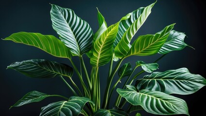 Vibrant close-up of lush elephant ear plant leaves showcasing striking patterns against a dark backdrop for a dramatic botanical effect.