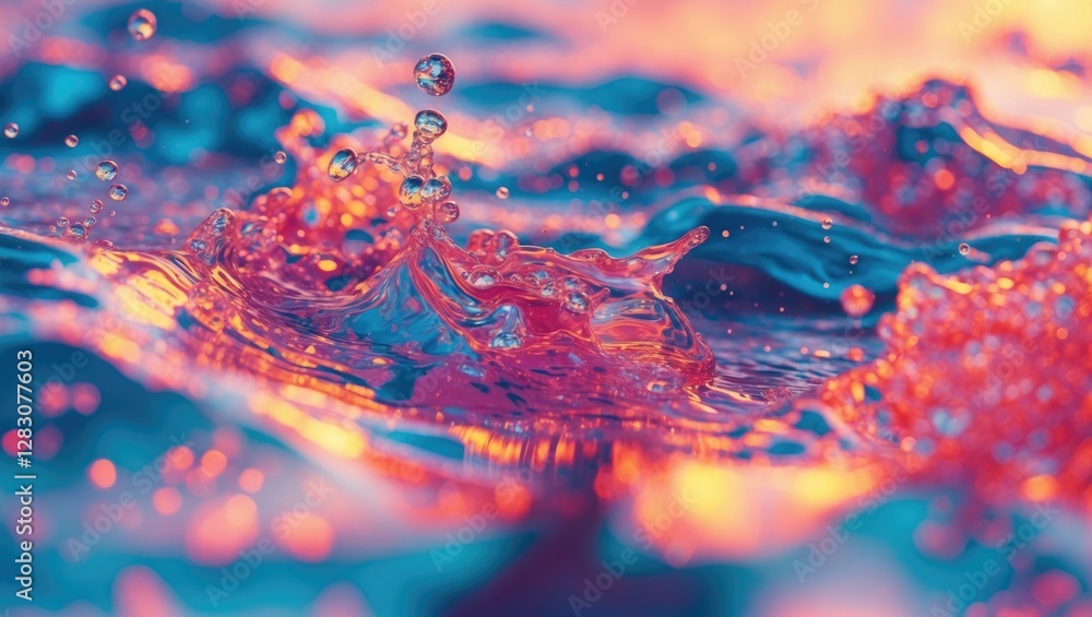 Aufkleber Colorful abstract close-up of water droplets splashing on a reflective surface creating dynamic ripples and bokeh effects in vibrant hues.