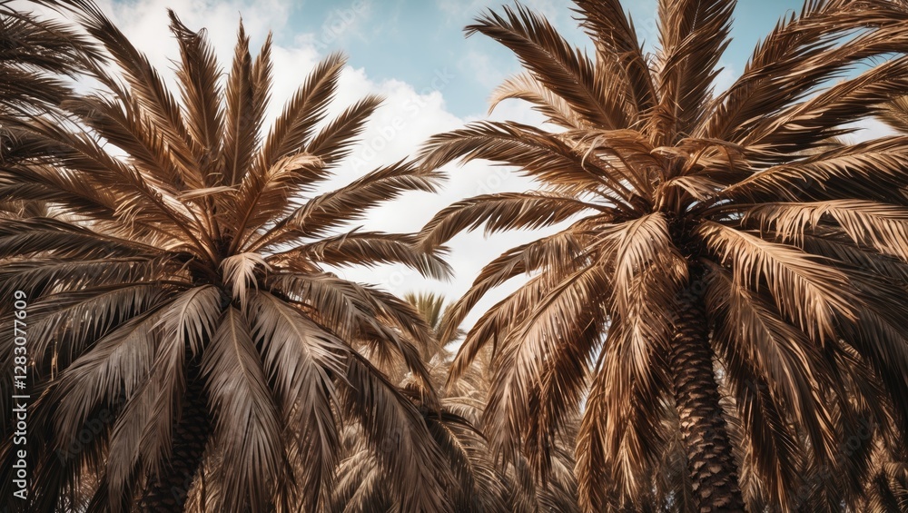Poster close up of dry palm trees against a blue sky creating a warm and serene tropical background atmosph